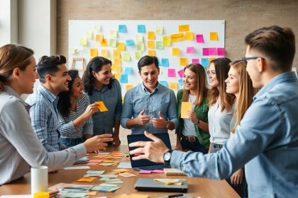 Marketing team collaborating on strategies in a vibrant workspace.