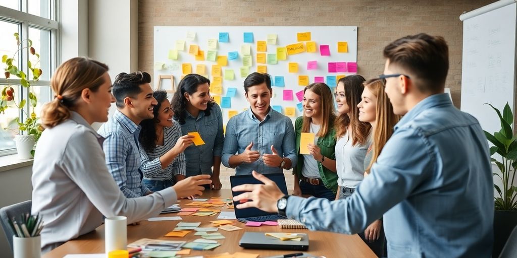 Marketing team collaborating on strategies in a vibrant workspace.