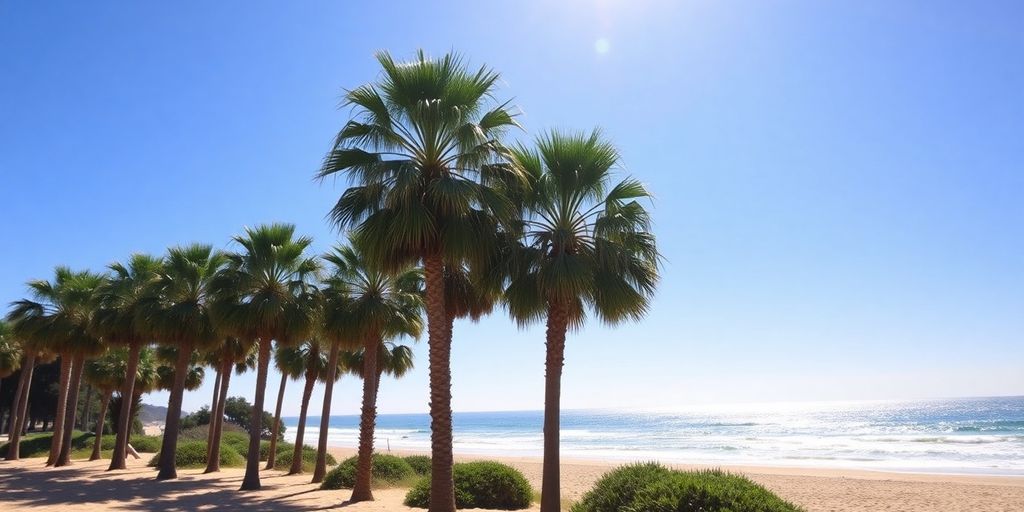 California beach with palm trees and ocean waves.