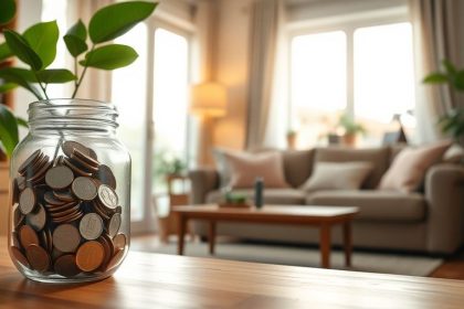 Cozy home with savings jar and plants on table.