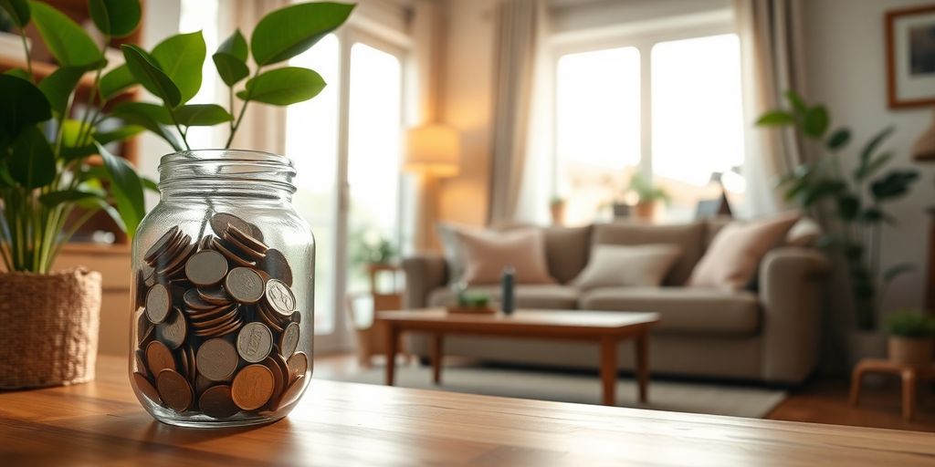 Cozy home with savings jar and plants on table.