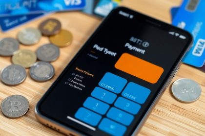 Smartphone with payment app, coins, and credit cards.