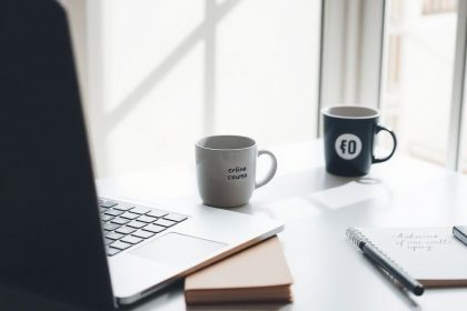 Bright workspace with laptop and notepad for learning.