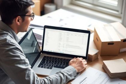 Person managing orders on a laptop with paperwork.