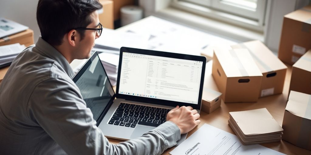 Person managing orders on a laptop with paperwork.