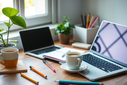 A workspace with laptop, notebook, and coffee.