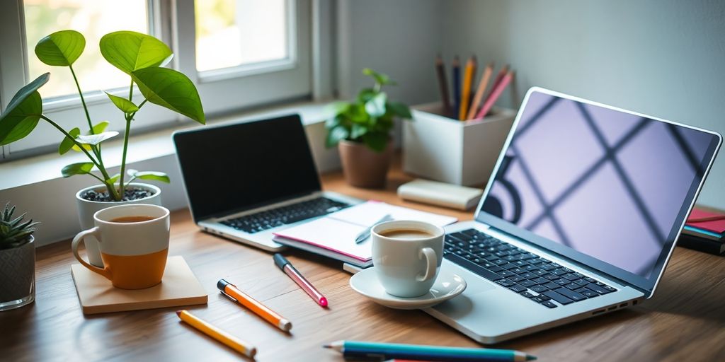 A workspace with laptop, notebook, and coffee.