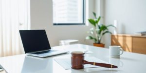 Modern office desk with laptop and legal documents.