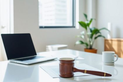 Modern office desk with laptop and legal documents.