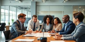 Diverse business team collaborating in a modern office.