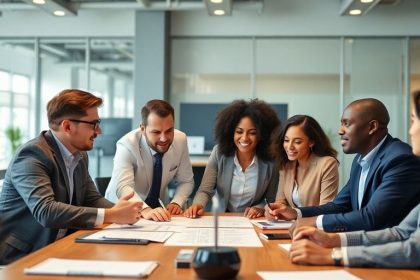 Diverse business team collaborating in a modern office.