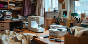 Cozy home workspace with sewing machine and fabric.