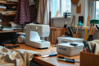 Cozy home workspace with sewing machine and fabric.