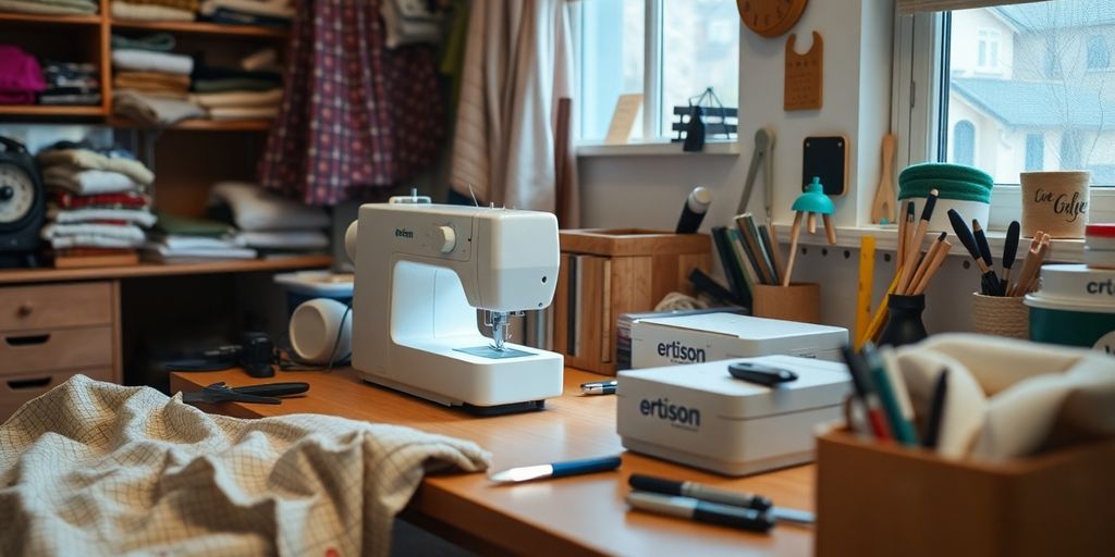 Cozy home workspace with sewing machine and fabric.