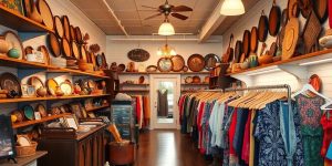 Consignment store interior with vintage items and clothing racks.