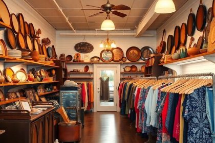 Consignment store interior with vintage items and clothing racks.