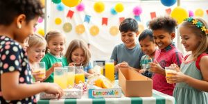 Children selling lemonade and crafts in a sunny setting.