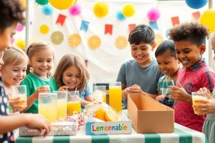 Children selling lemonade and crafts in a sunny setting.