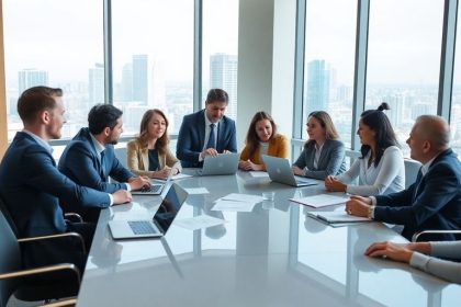 Diverse professionals in a modern office discussing strategies.