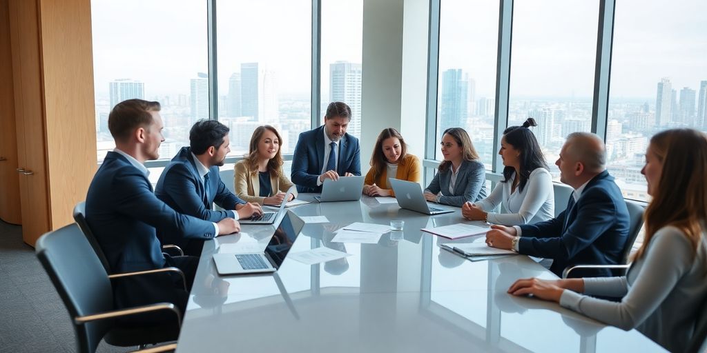 Diverse professionals in a modern office discussing strategies.