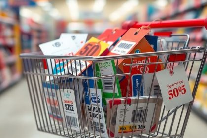 Shopping cart with price tags in a retail environment.