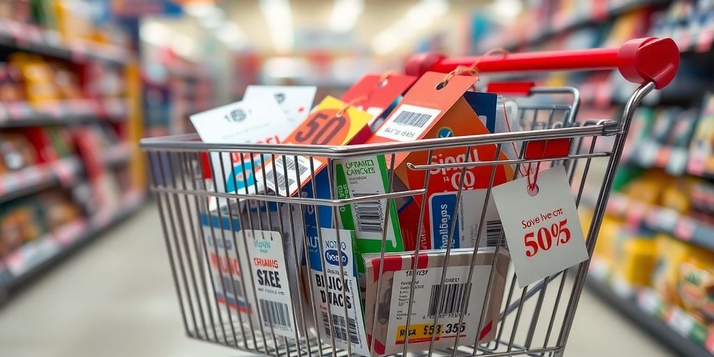 Shopping cart with price tags in a retail environment.