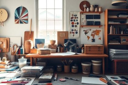 Creative workspace with art supplies and tools.