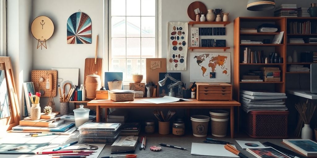 Creative workspace with art supplies and tools.