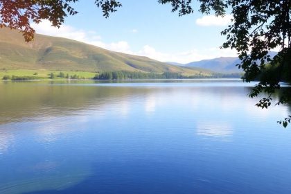 Serene landscape with a calm lake and greenery.