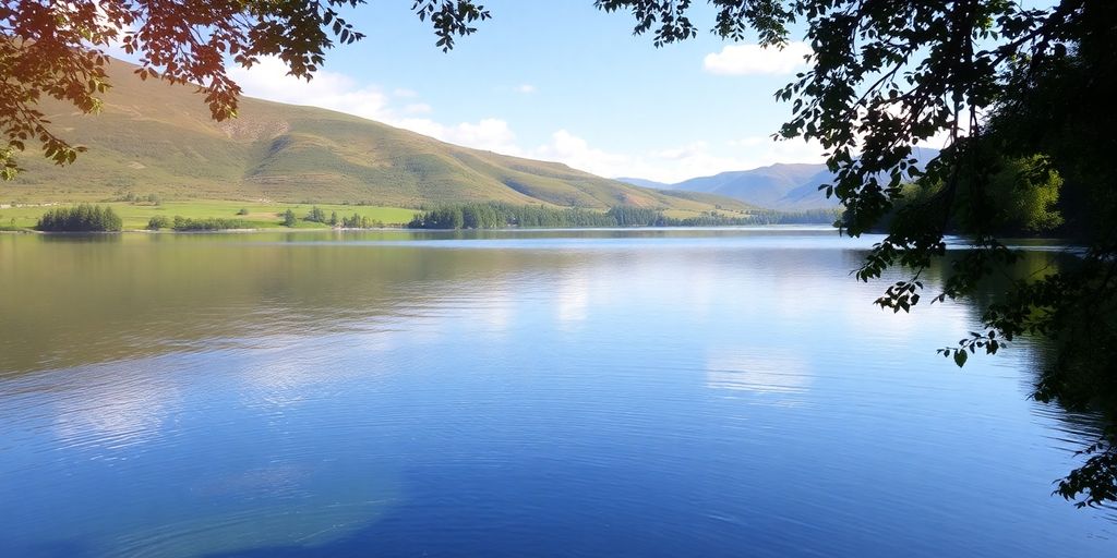 Serene landscape with a calm lake and greenery.