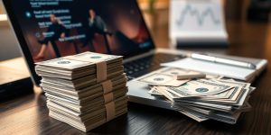 Stack of money and laptop in a modern workspace.