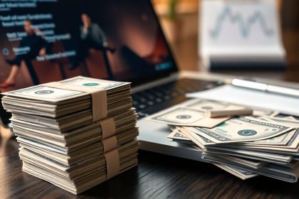 Stack of money and laptop in a modern workspace.