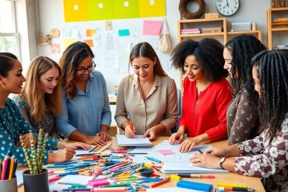 Diverse women collaborating on business ideas in a workspace.