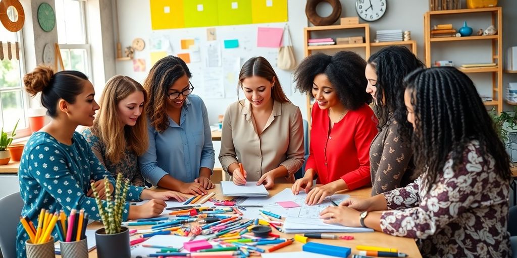 Diverse women collaborating on business ideas in a workspace.