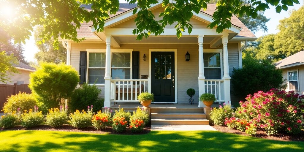 Cozy home with a front porch and greenery.