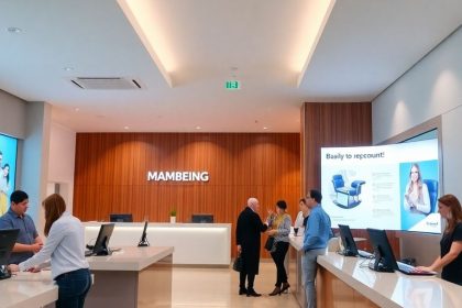 Modern bank interior with customers and staff interaction.