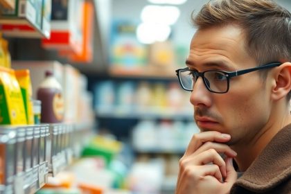 Person contemplating choices in a retail environment.