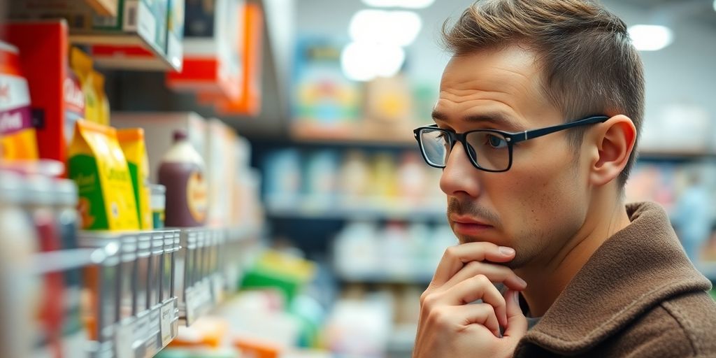 Person contemplating choices in a retail environment.