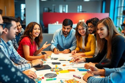 Diverse group brainstorming in a modern workspace.