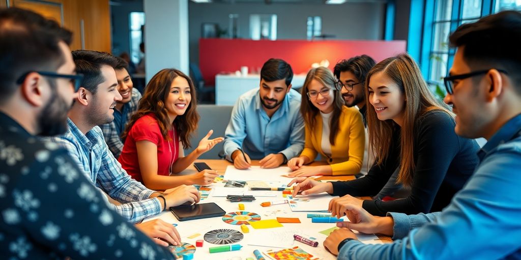 Diverse group brainstorming in a modern workspace.