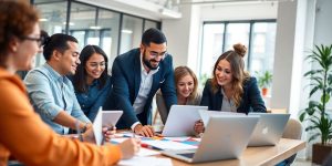 Diverse professionals collaborating in a modern office environment.