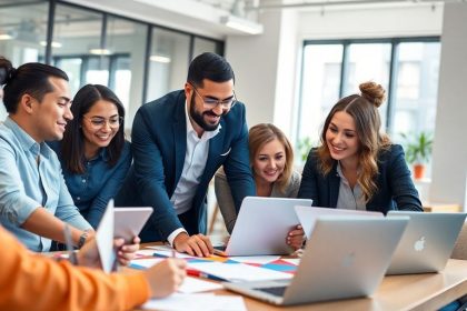 Diverse professionals collaborating in a modern office environment.