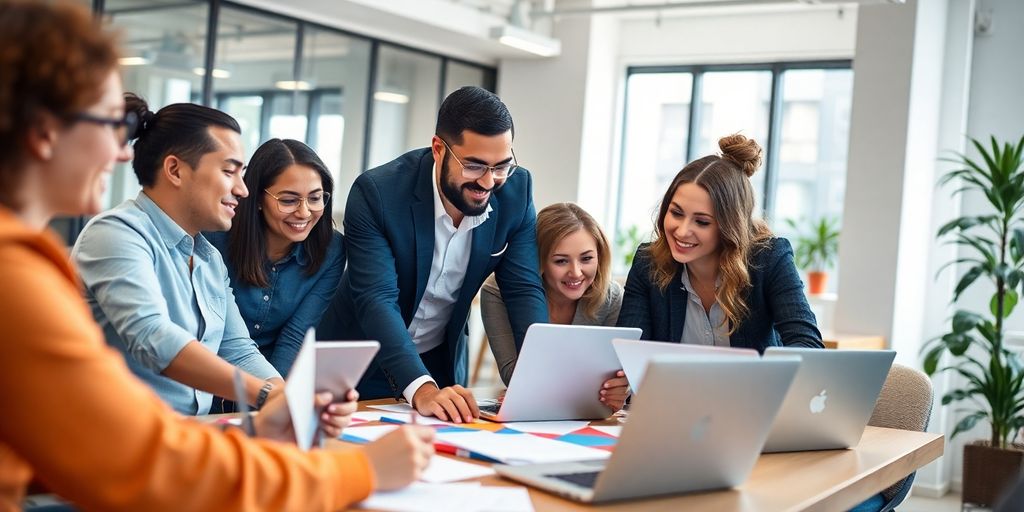 Diverse professionals collaborating in a modern office environment.