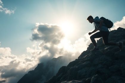 Person climbing a mountain, symbolizing resilience and determination.