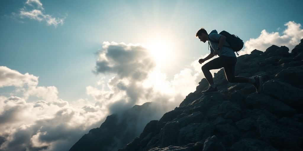 Person climbing a mountain, symbolizing resilience and determination.