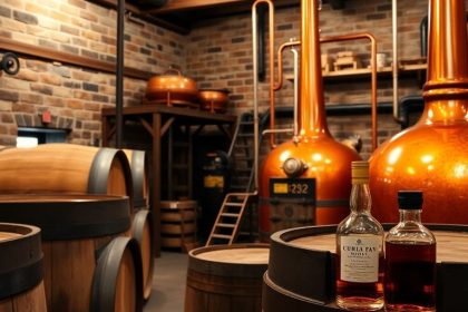 Whiskey barrels and copper stills in a distillery.