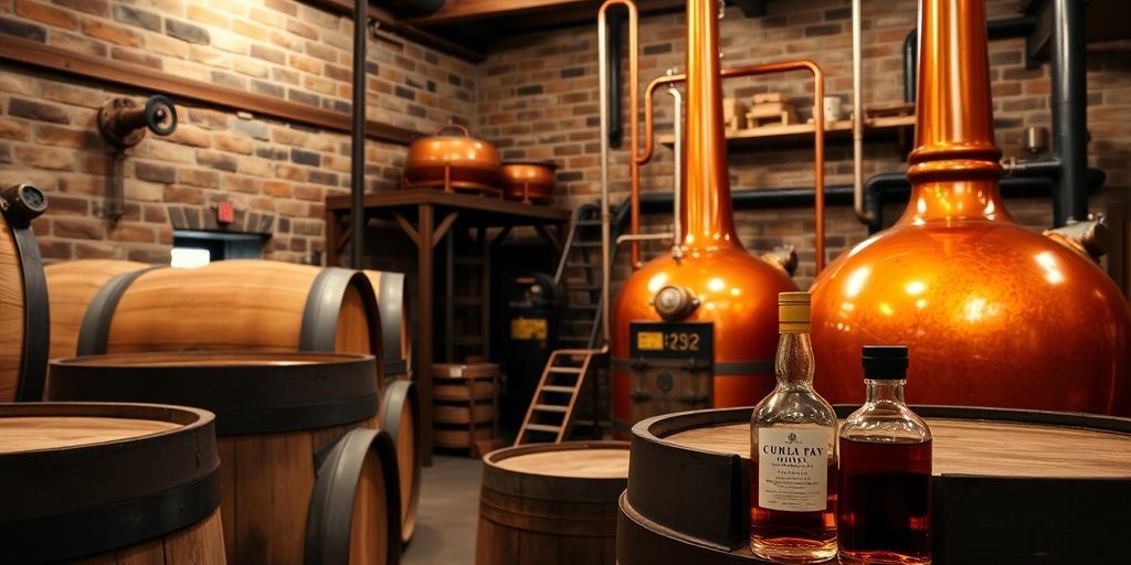 Whiskey barrels and copper stills in a distillery.