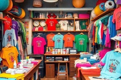 colorful merch workspace with custom products and supplies