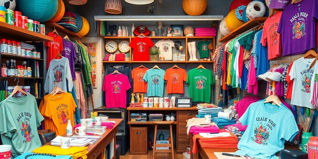 colorful merch workspace with custom products and supplies