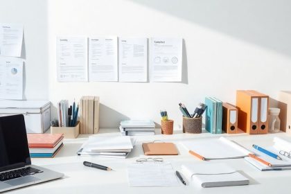 Organized workspace with documents and a laptop.